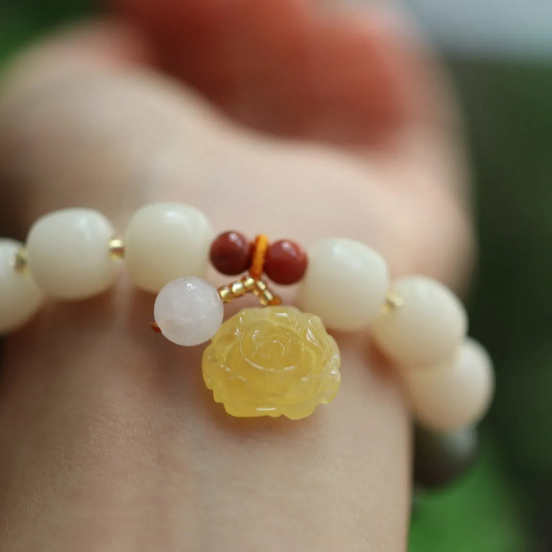 Gradient white jade Bodhi root bracelet with 10mm flower beads and natural beeswax lotus detail