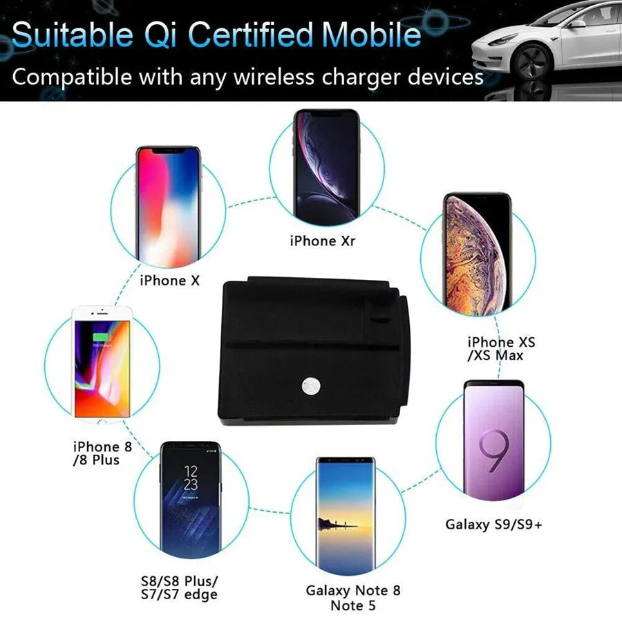Black wireless charging station with QI compatibility and ABS plastic housing