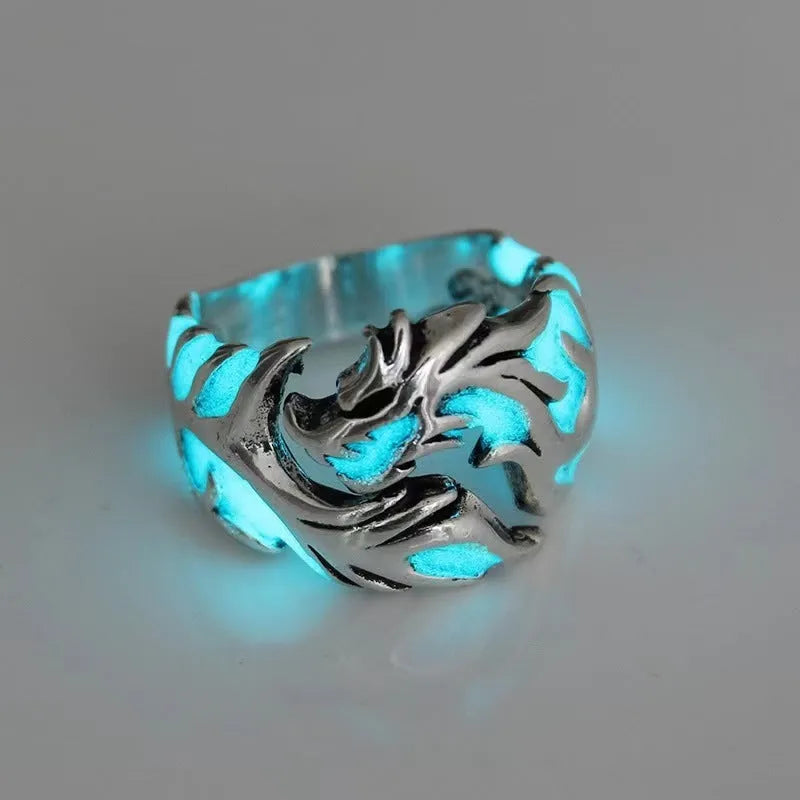 Chinese dragon pattern ring with adjustable opening in antique silver blue and green