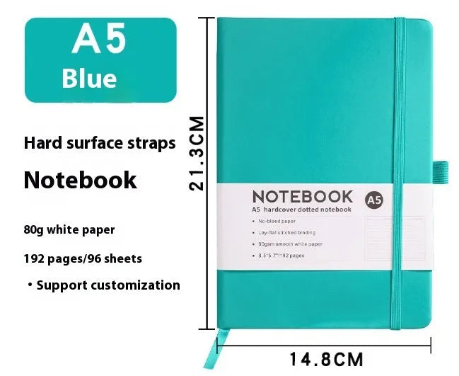 A5 soft touch PU leather strap diary open showing lined pages, closed with elastic band, in a choice of colours.