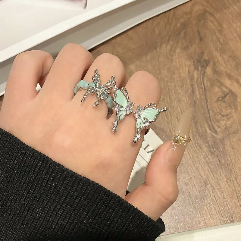 Creative butterfly women's ring in solid copper with dripping oil finish, available in 33 style variations
