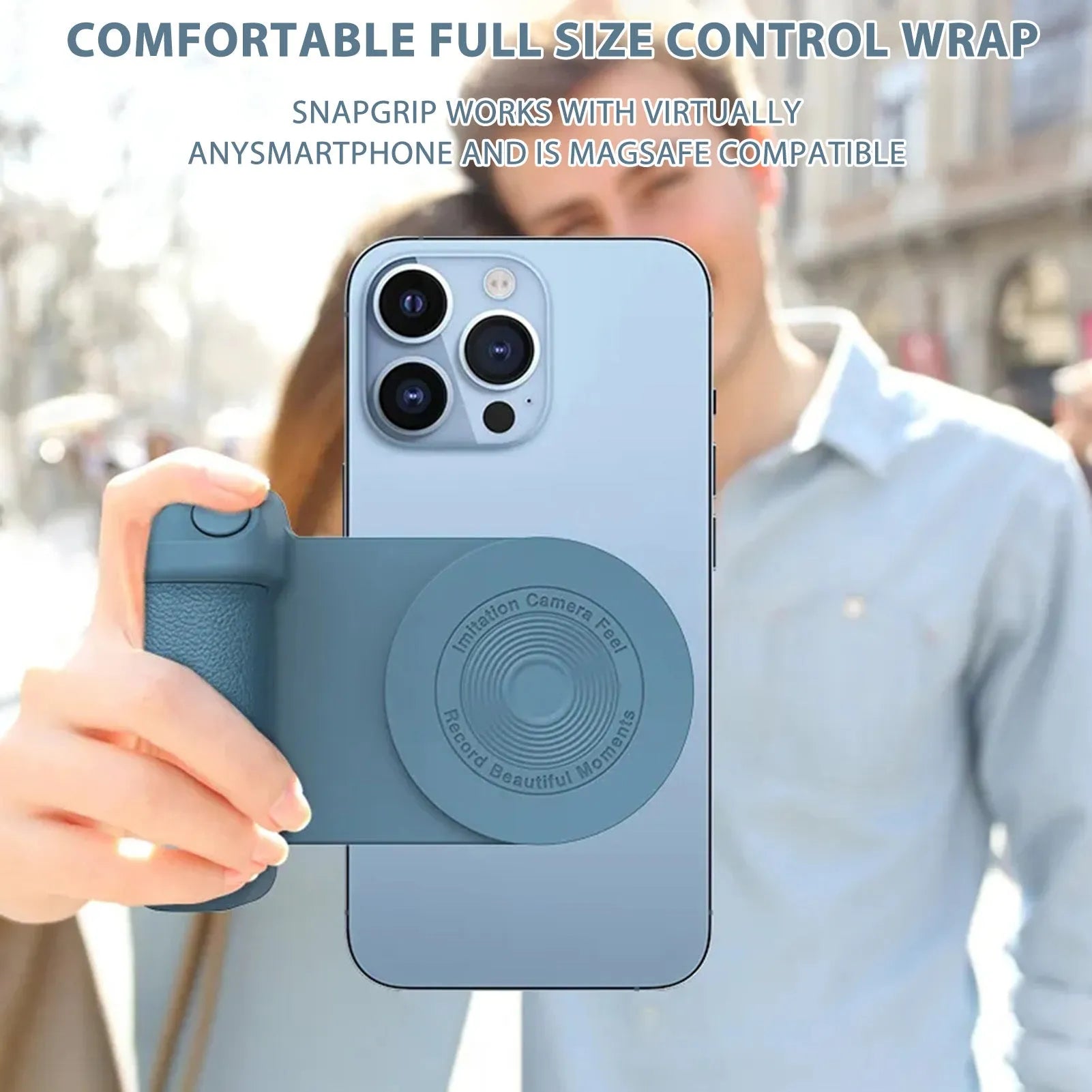 Black magnetic camera bracket with rotatable phone holder and PU leather grip