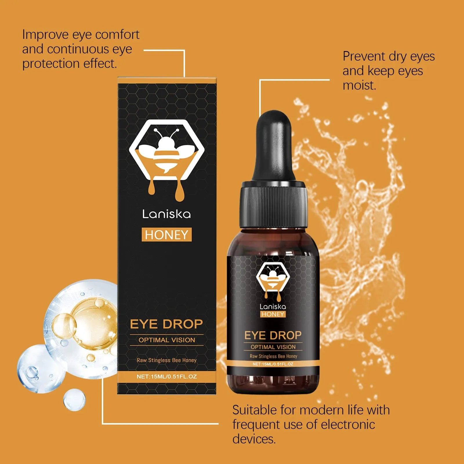 15ml bottle of honey eye drops for dry eye relief on a plain background.