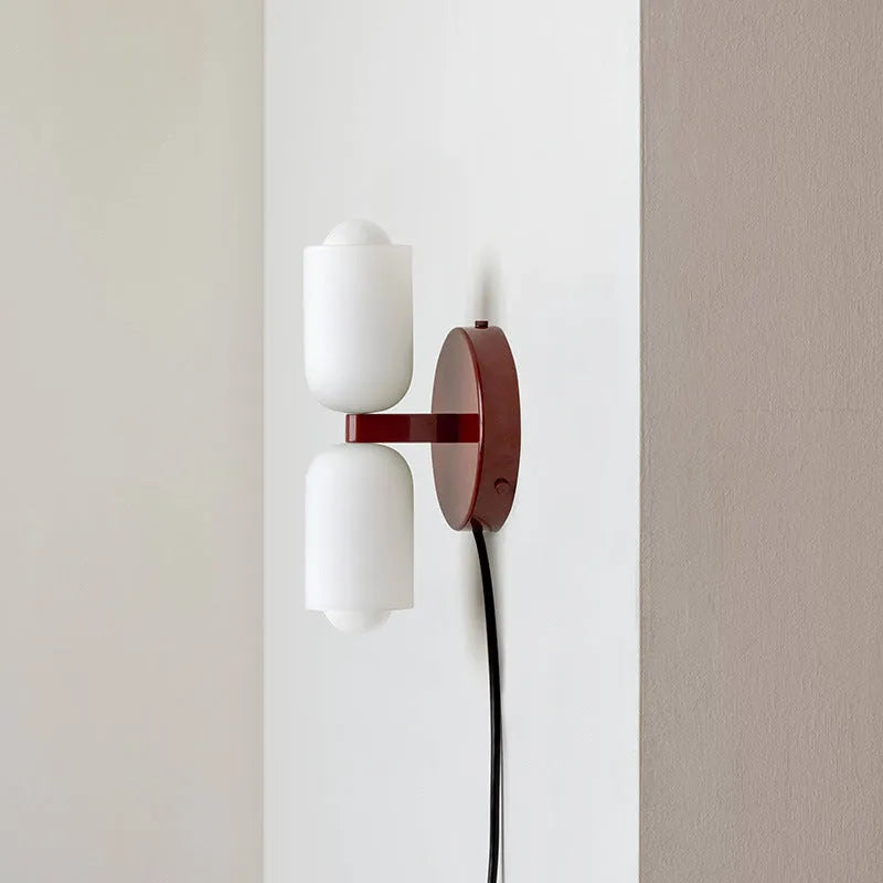 Cream style double head wall lamp with white glass shade and iron base for bedroom