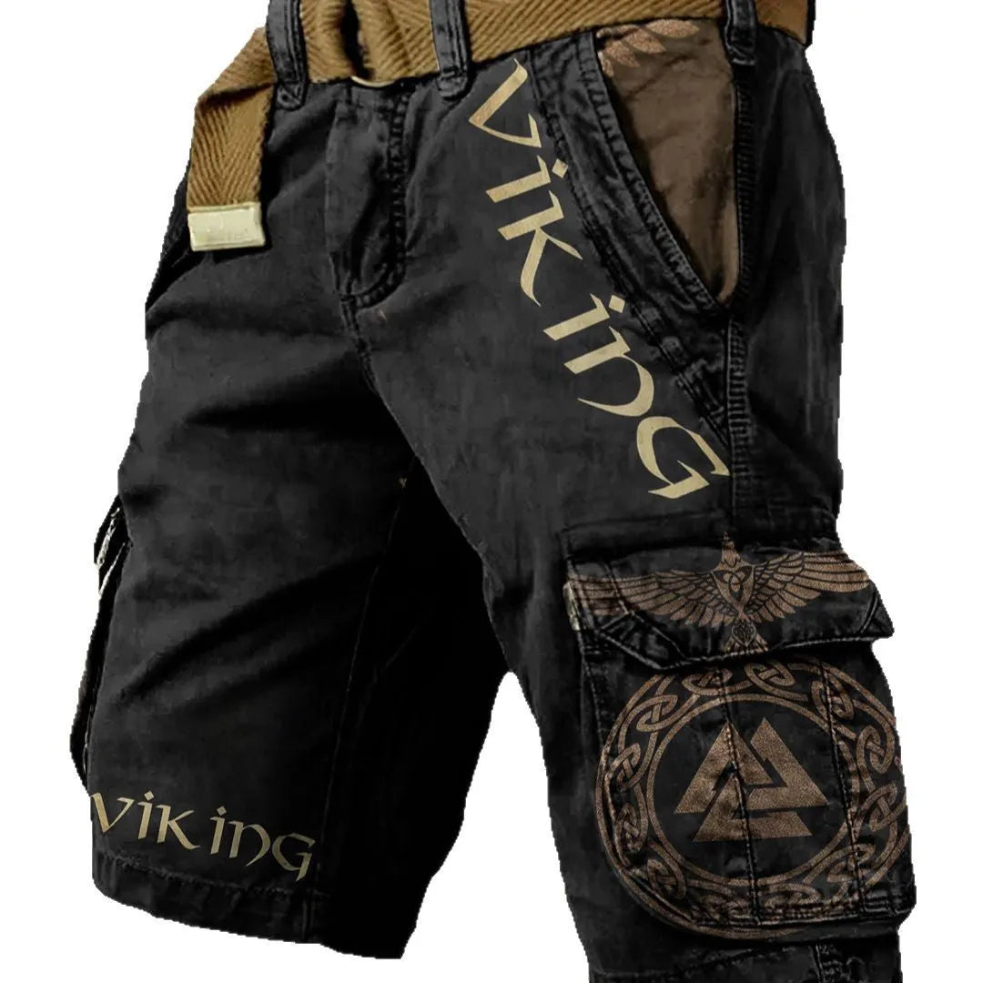 Men's casual digital print polyester shorts with a front zipper closure on a mannequin.