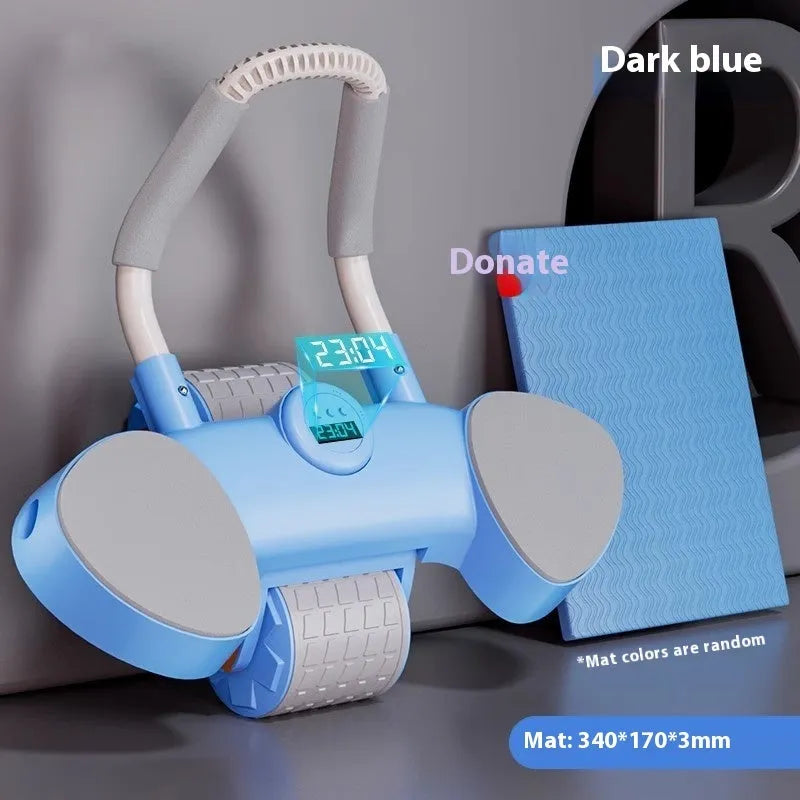 Blue automatic rebound abdominal wheel with large elbow supports on a wooden floor.