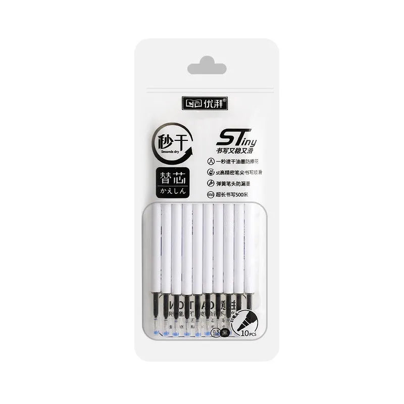 Bullet pen refill cartridges in black, red, blue, and ink blue colours showing plastic construction