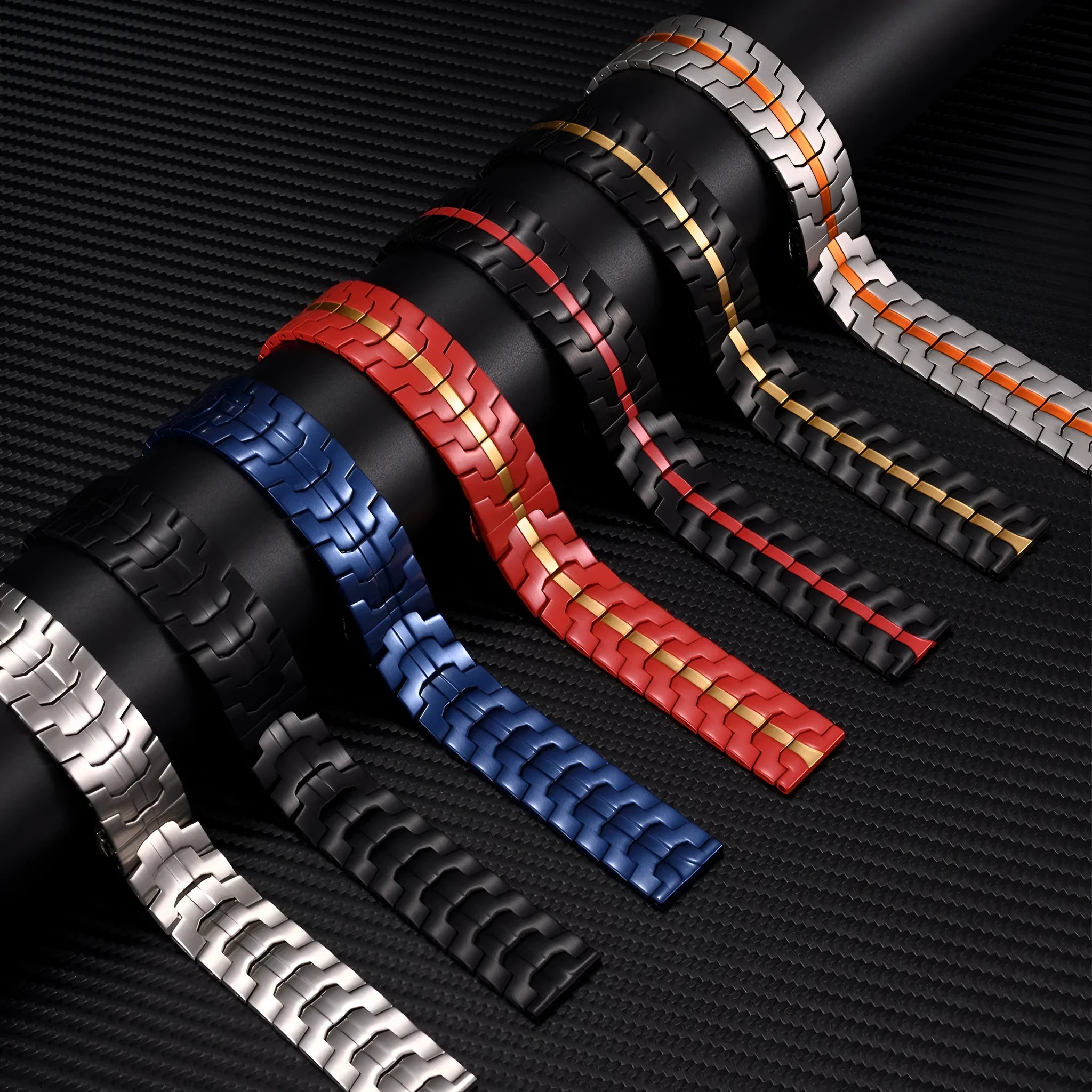 Stainless steel replacement watch strap for Samsung Galaxy Watch 7, 6, and 5 models.