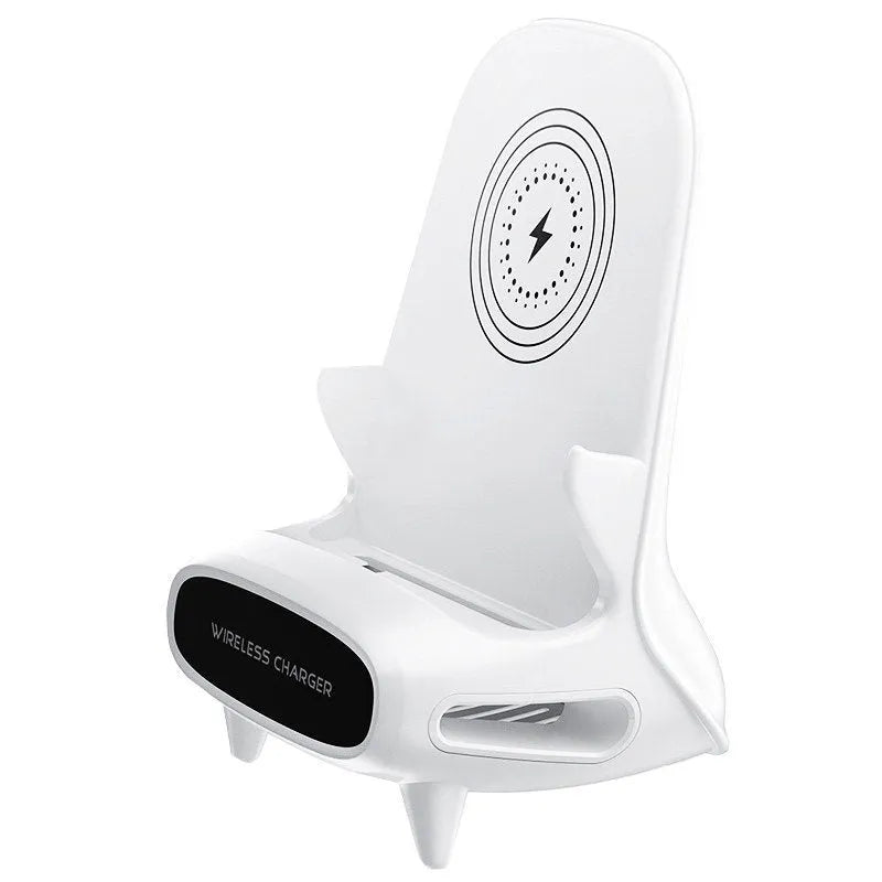 White mini chair shaped wireless charging stand holding smartphone with cable connection