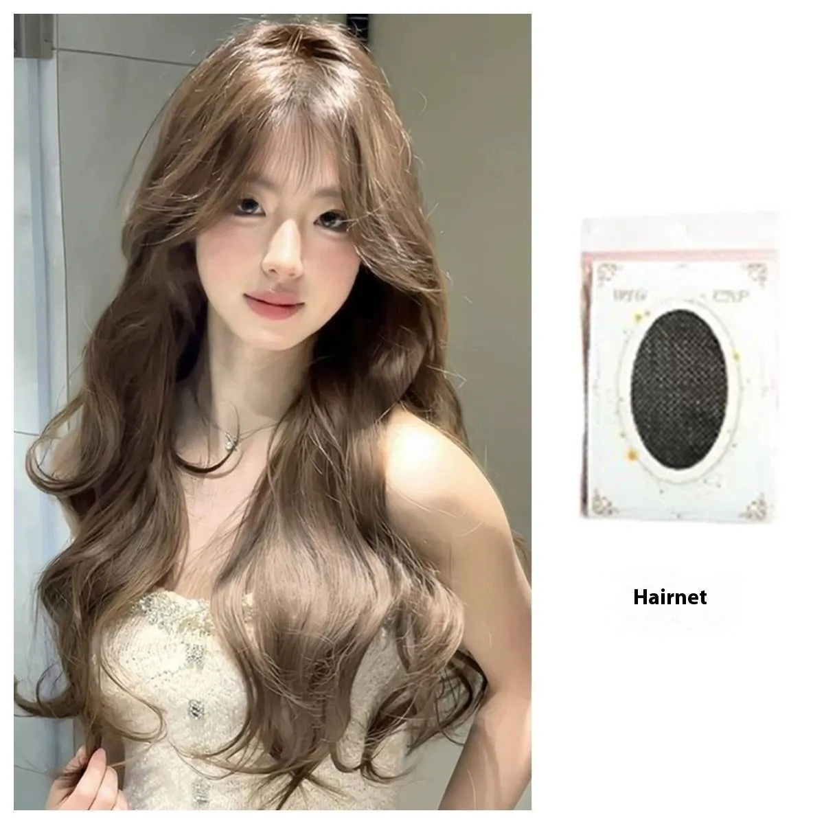 Long curly big wave wig for women in Filbert Gray and Brown with a natural style and hair net