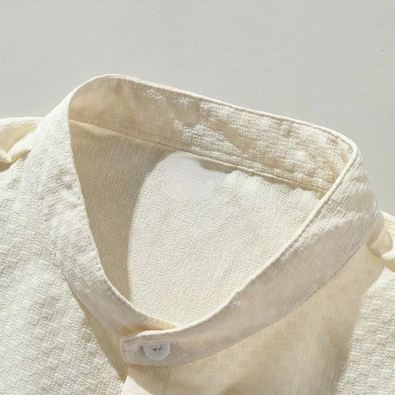 Summer men's casual stand collar short sleeve shirt in solid colour with loose fit and hemp blend fabric