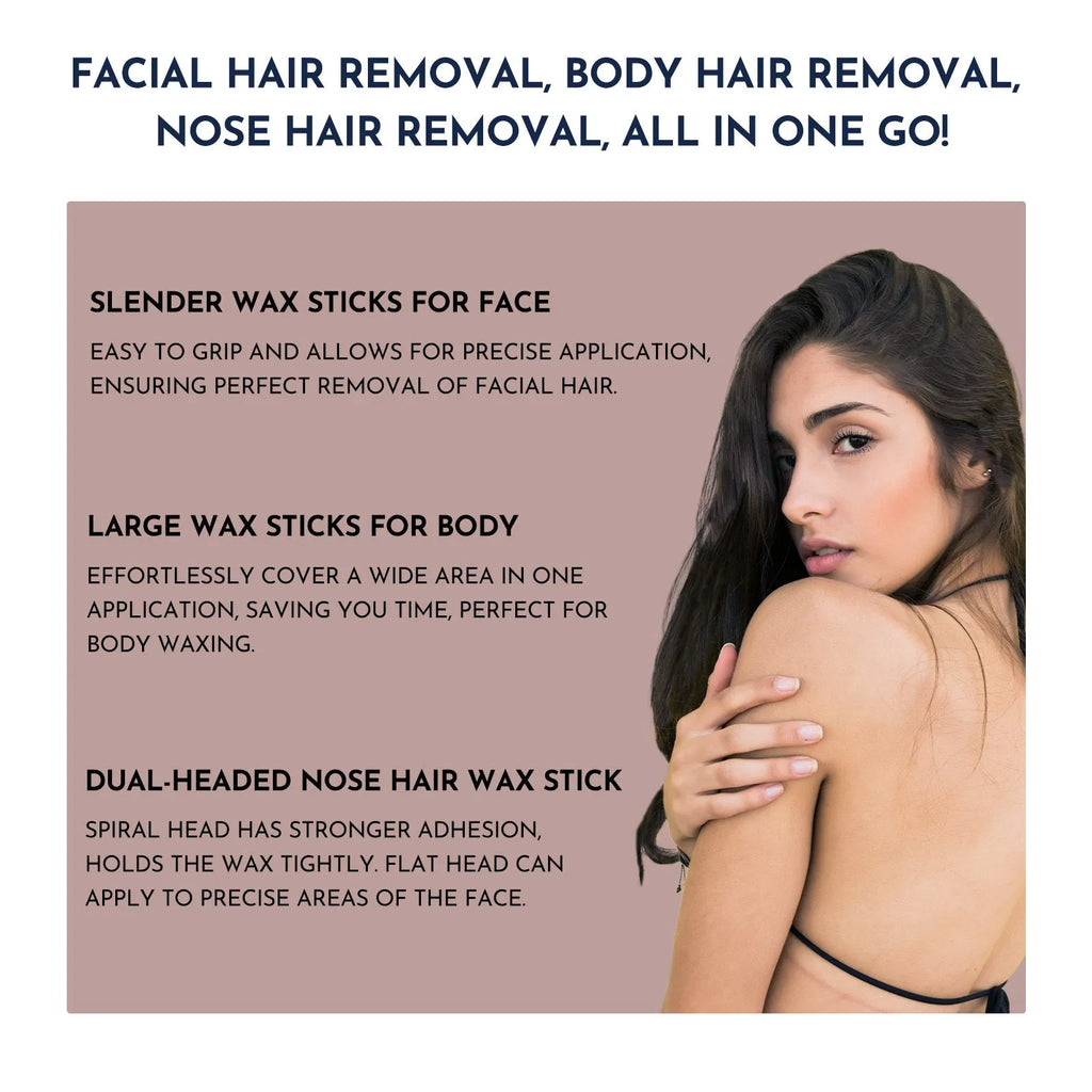 Professional waxing kit with black wax warmer, pots of hard wax beans, applicator sticks, post-care lotion, and ice masks.