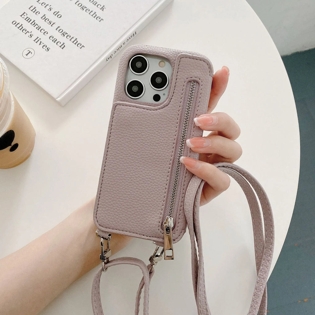 Lychee pattern phone case with card slot beauty mirror and crossbody strap in beige colour