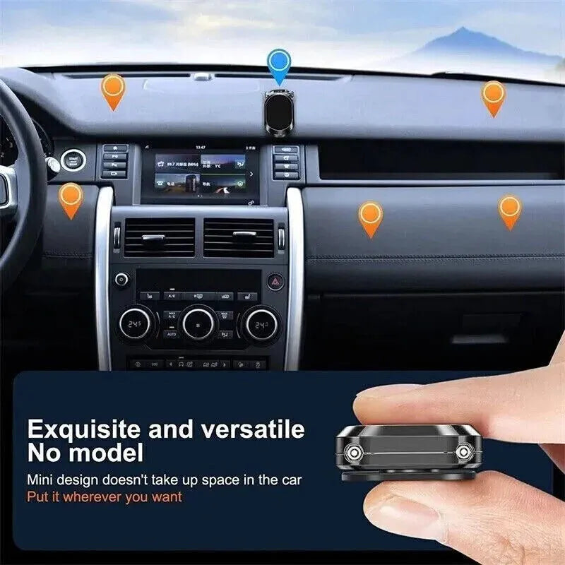 Chrome magnetic car phone holder with foldable bracket on dashboard showing 360-degree rotation