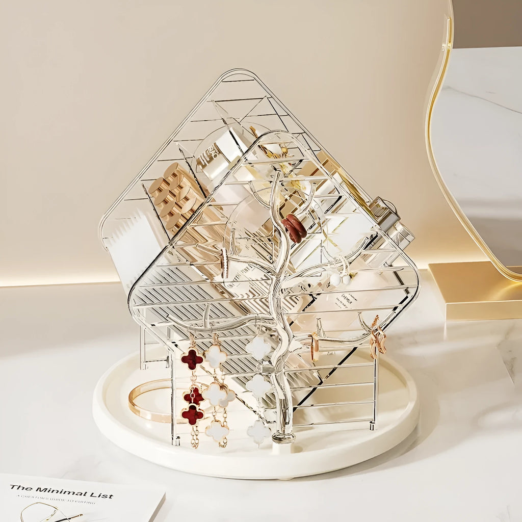 Clear and amber gold rotating cosmetics storage box on a surface