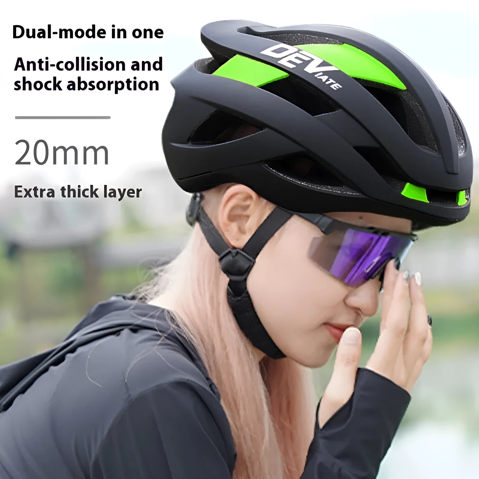 Adult bicycle helmet in matte black with colour accents, showing EPS and PC construction and adjustable fit.