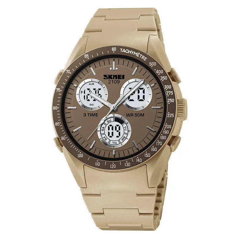 Electronic unisex casual watch with a camouflage strap, showing resin mirror and stainless steel pushers.