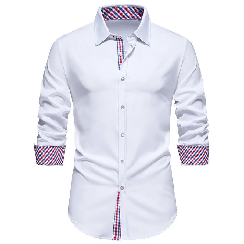 Man wearing a loose-fit black plaid long-sleeved casual shirt