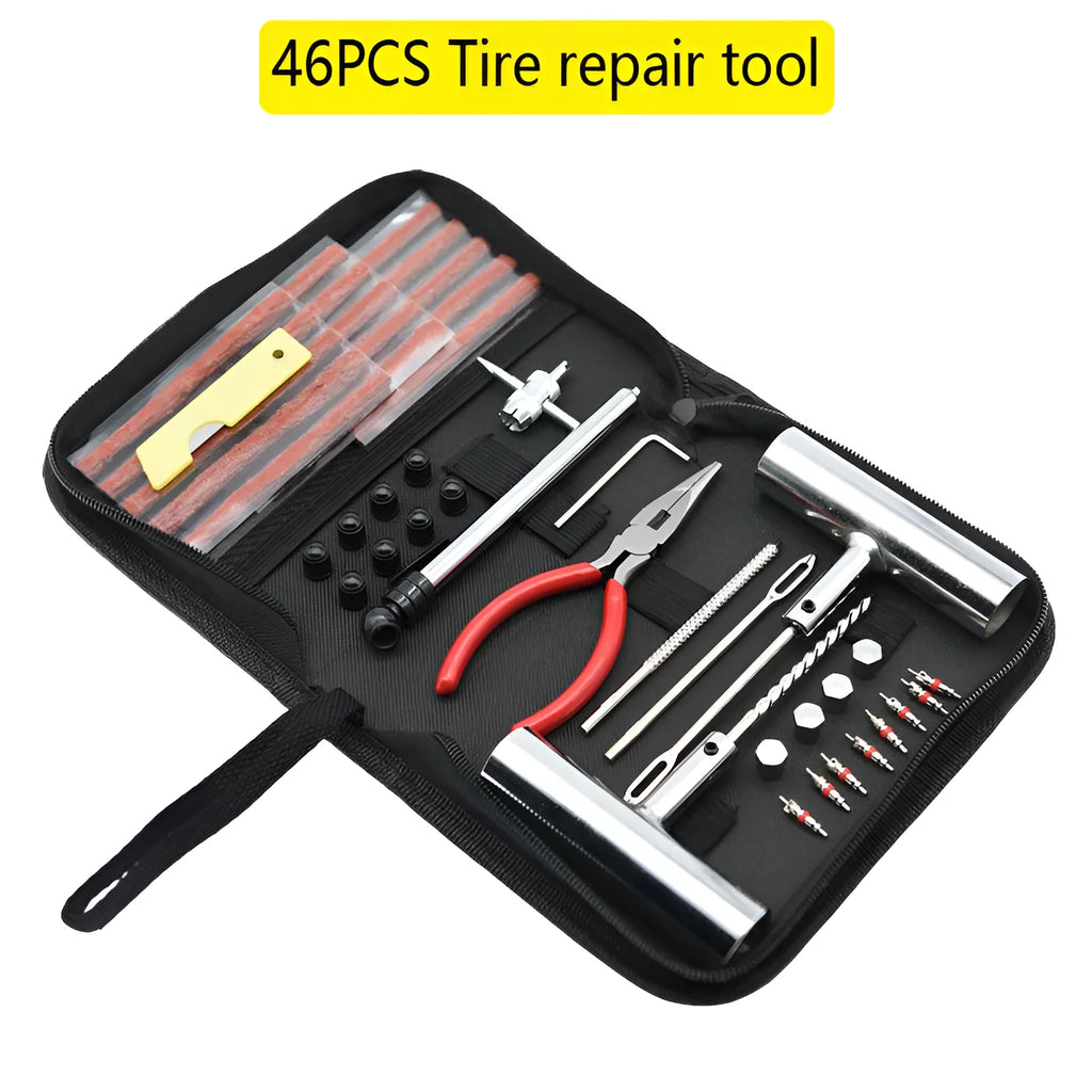 Tyre repair kit first aid set with 45 steel tools in cloth storage bag