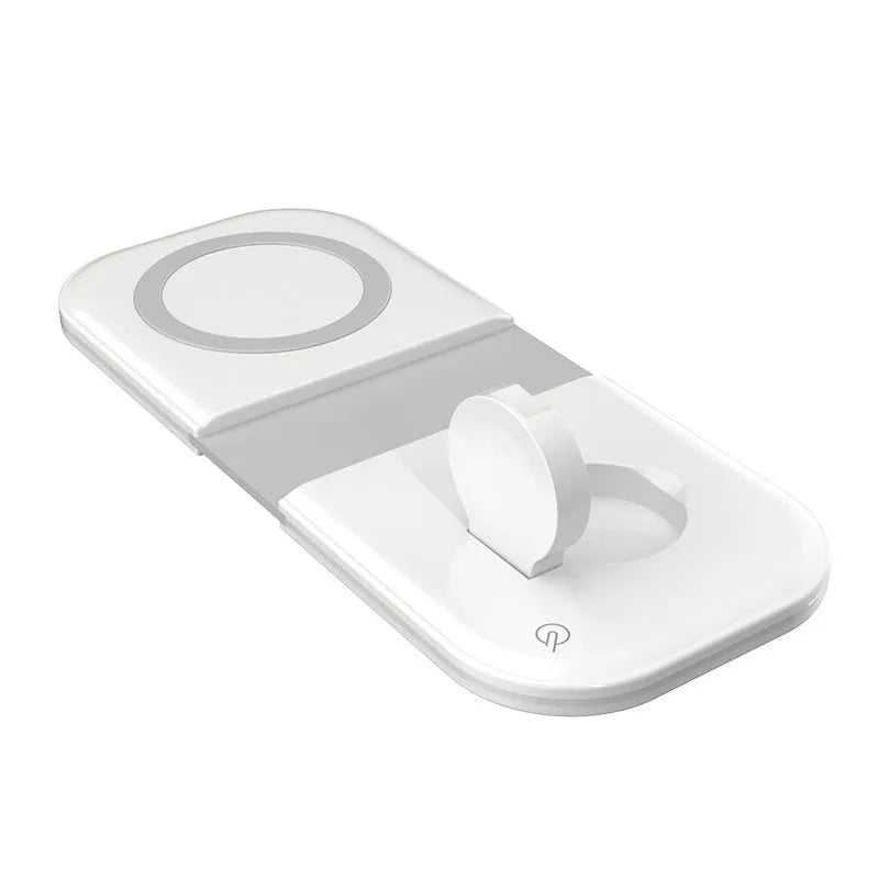 White folding dual magnetic desktop wireless charger with two USB Type C ports on a desk