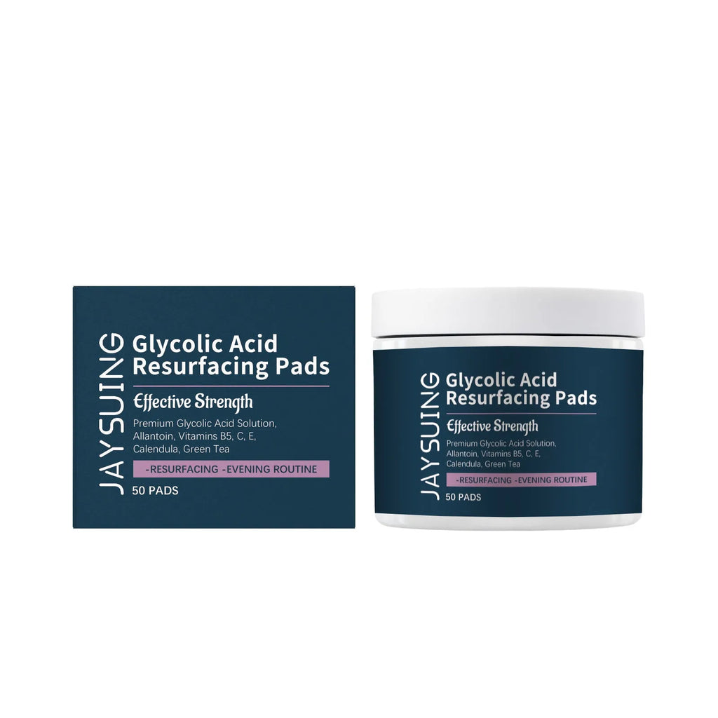 Pack of 50 glycolic acid exfoliating and moisturising facial cotton cloth pads on a blue background.