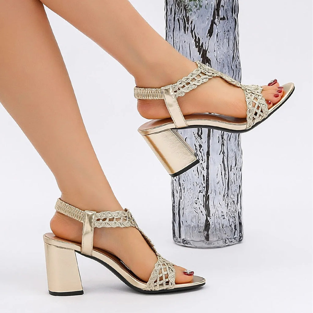 Women's round toe chunky heel sandals with ankle buckle in black and gold PU upper and rubber sole