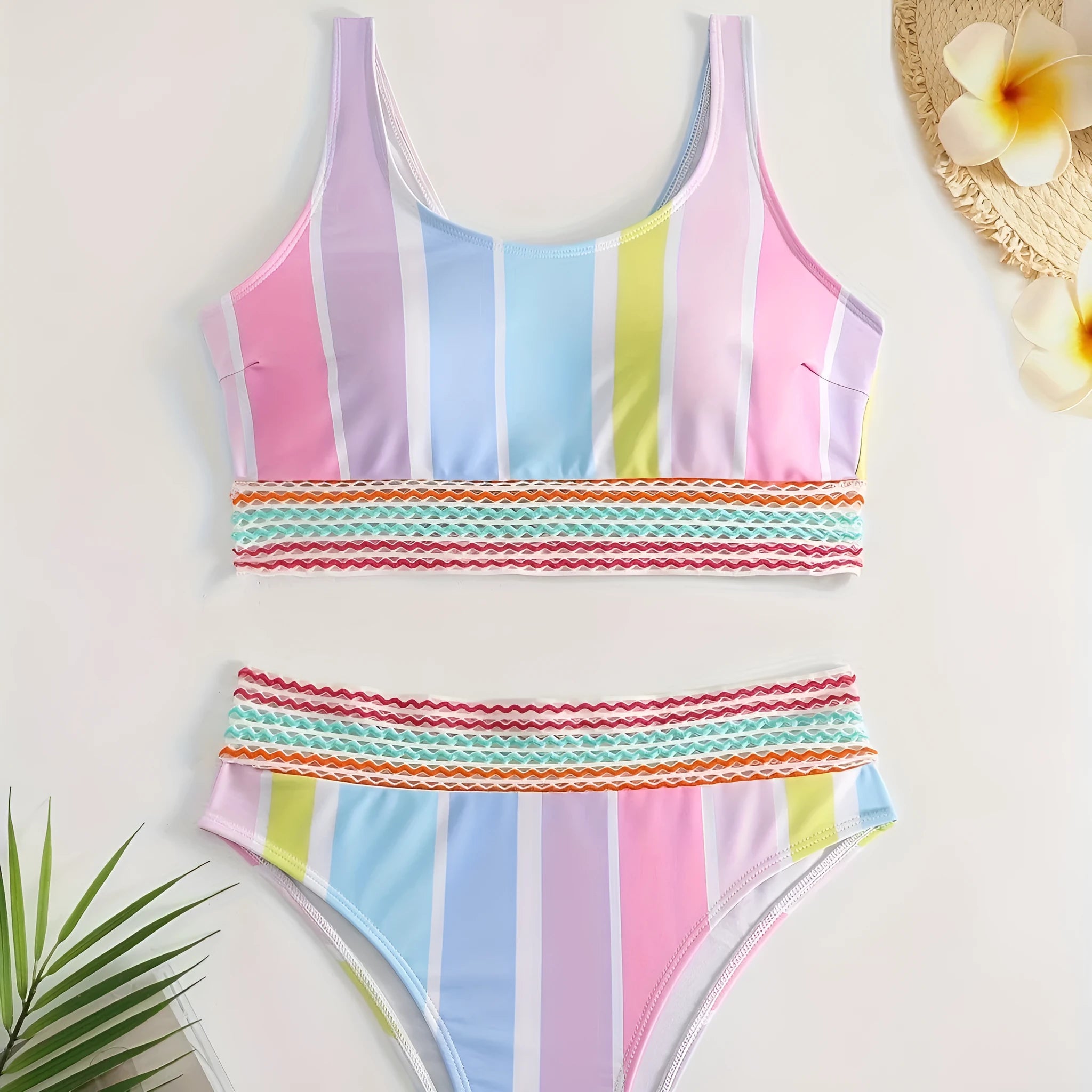 Women's striped sports bikini set with spandex lining, shown in picture colour.
