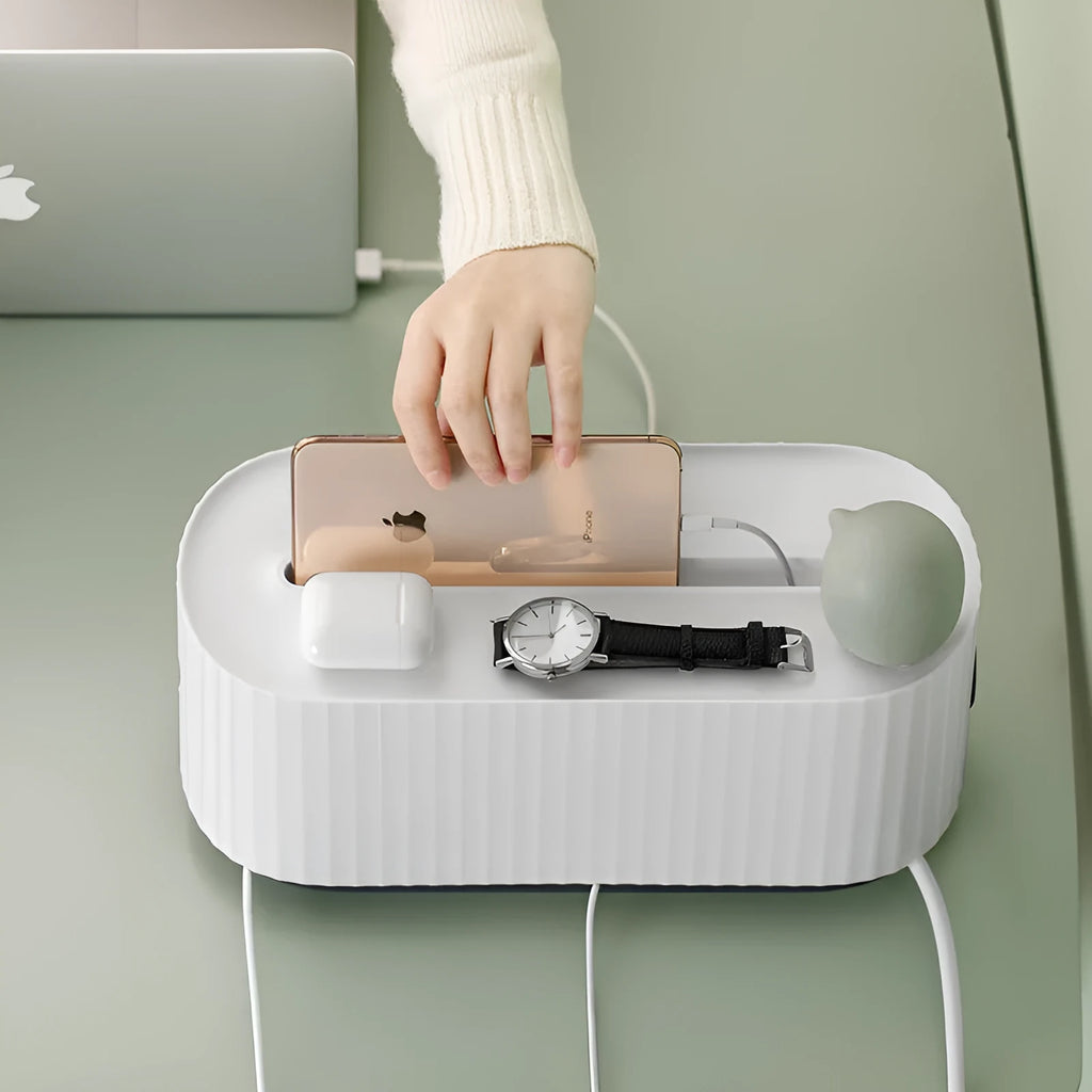 Blue and white desktop power strip storage organiser box with cable holes and a detachable cover.