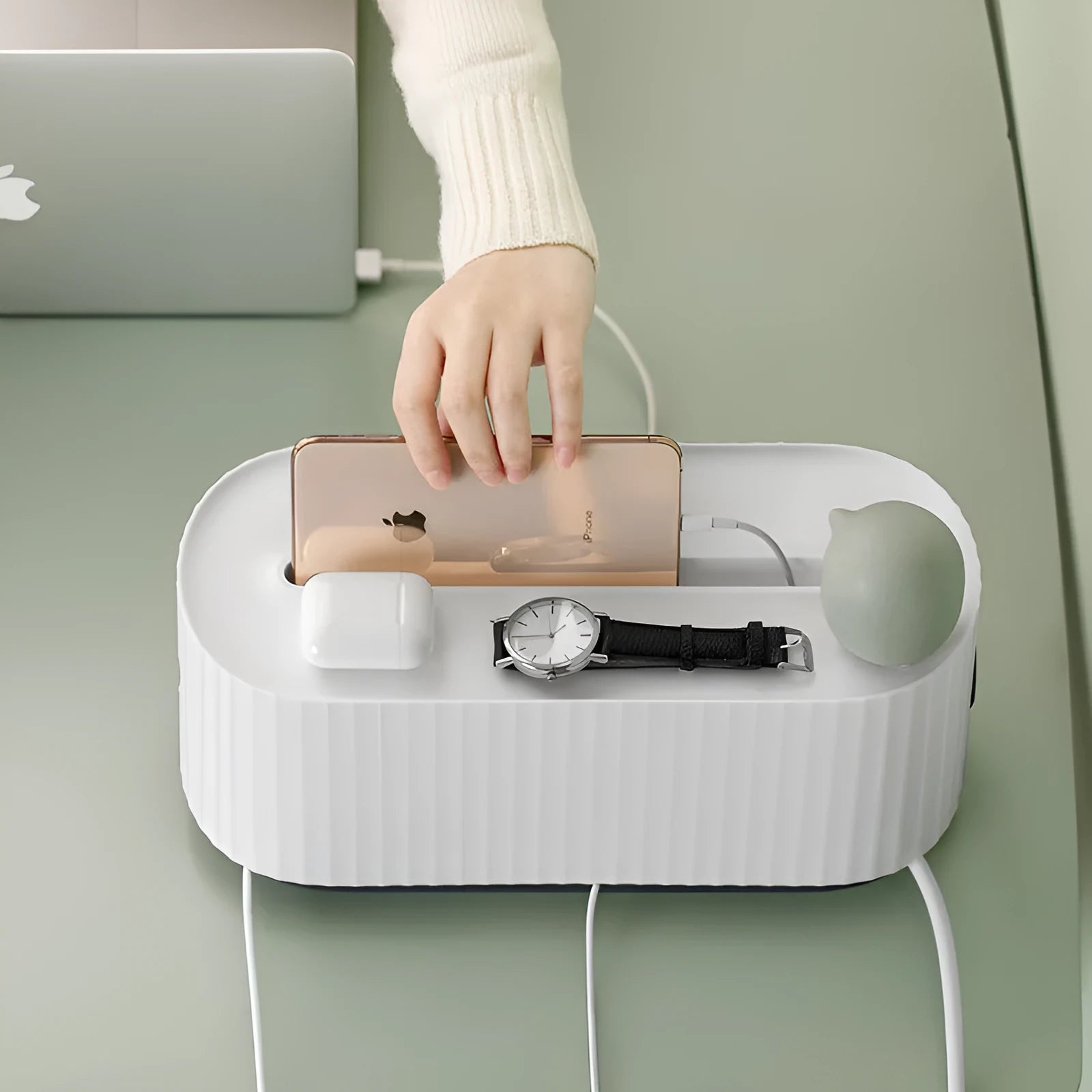 Blue and white desktop power strip storage organiser box with cable holes and a detachable cover.
