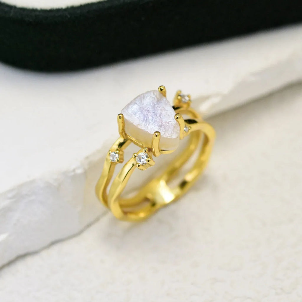 S925 silver geometric triangle moonstone ring in rose gold, white gold, or yellow gold colour finish