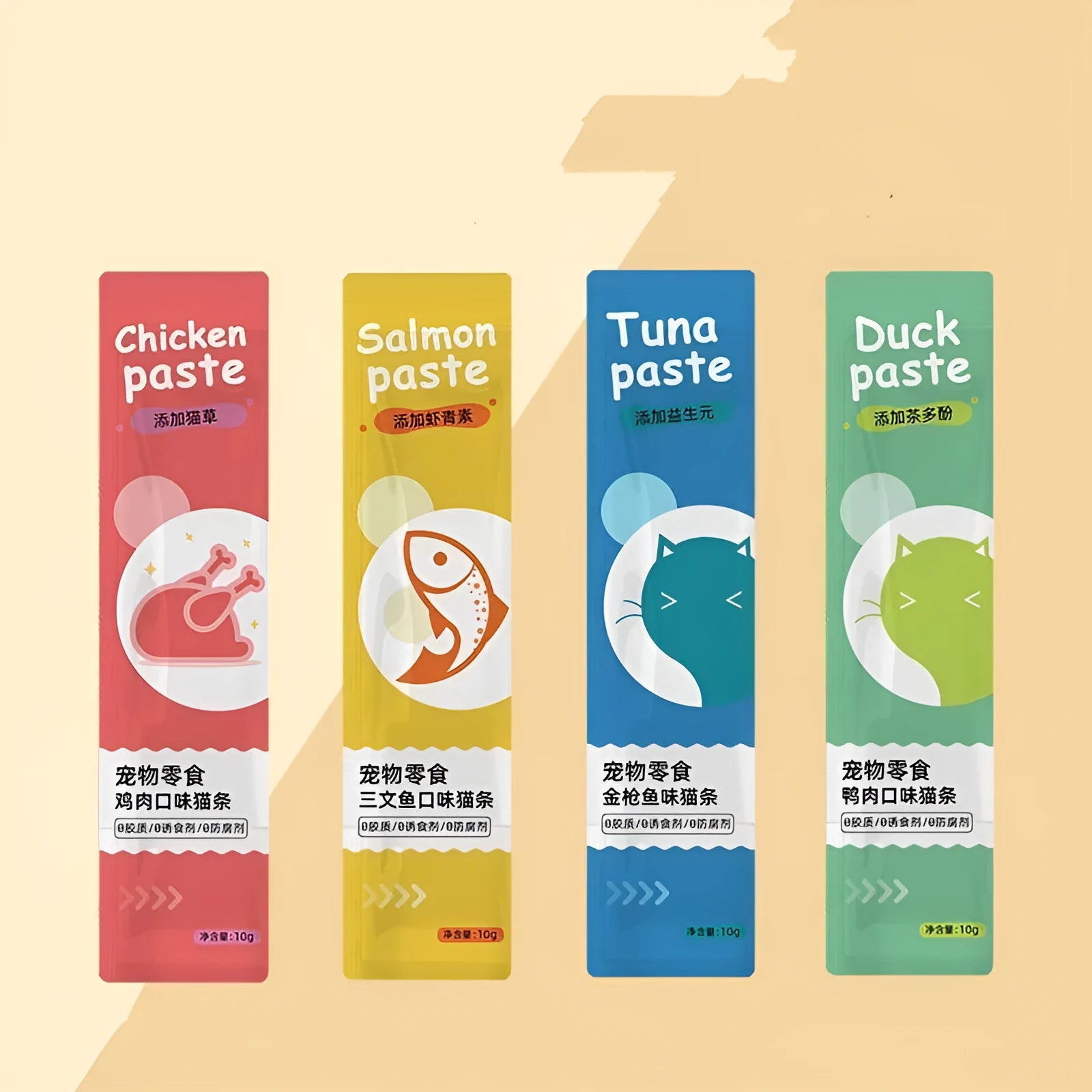 Assortment of cat strip snacks for kittens with four flavour varieties