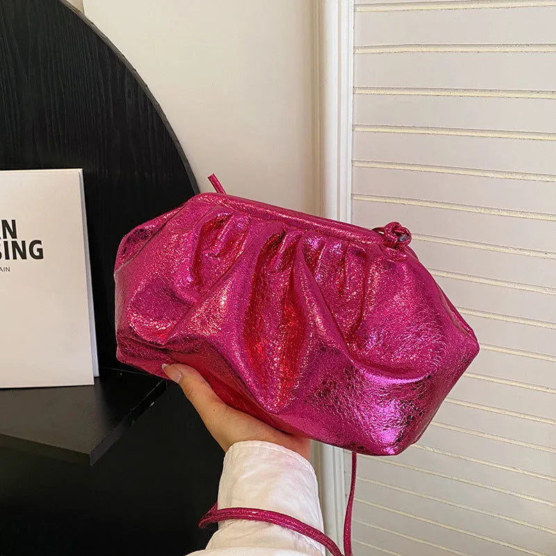 Rose red shell-shaped PU crossbody bag with internal mobile phone and document compartments.