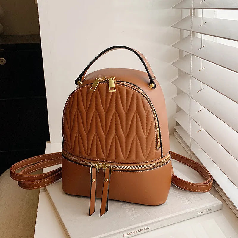 Women's PU backpack in brown, black, khaki, green or white with sandwich pocket, 22cm height and 19cm bottom width
