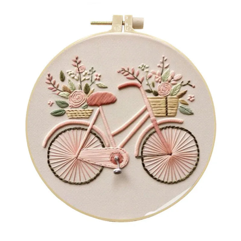 Embroidery kit with cotton linen fabric, 15cm imitation bamboo frame, Winter House colour cartoon anime pattern