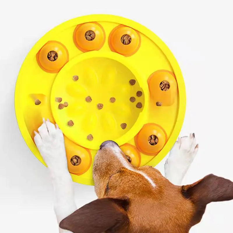 Blue and green interactive dog puzzle feeder bowl with central column and food turntable on a non-slip base