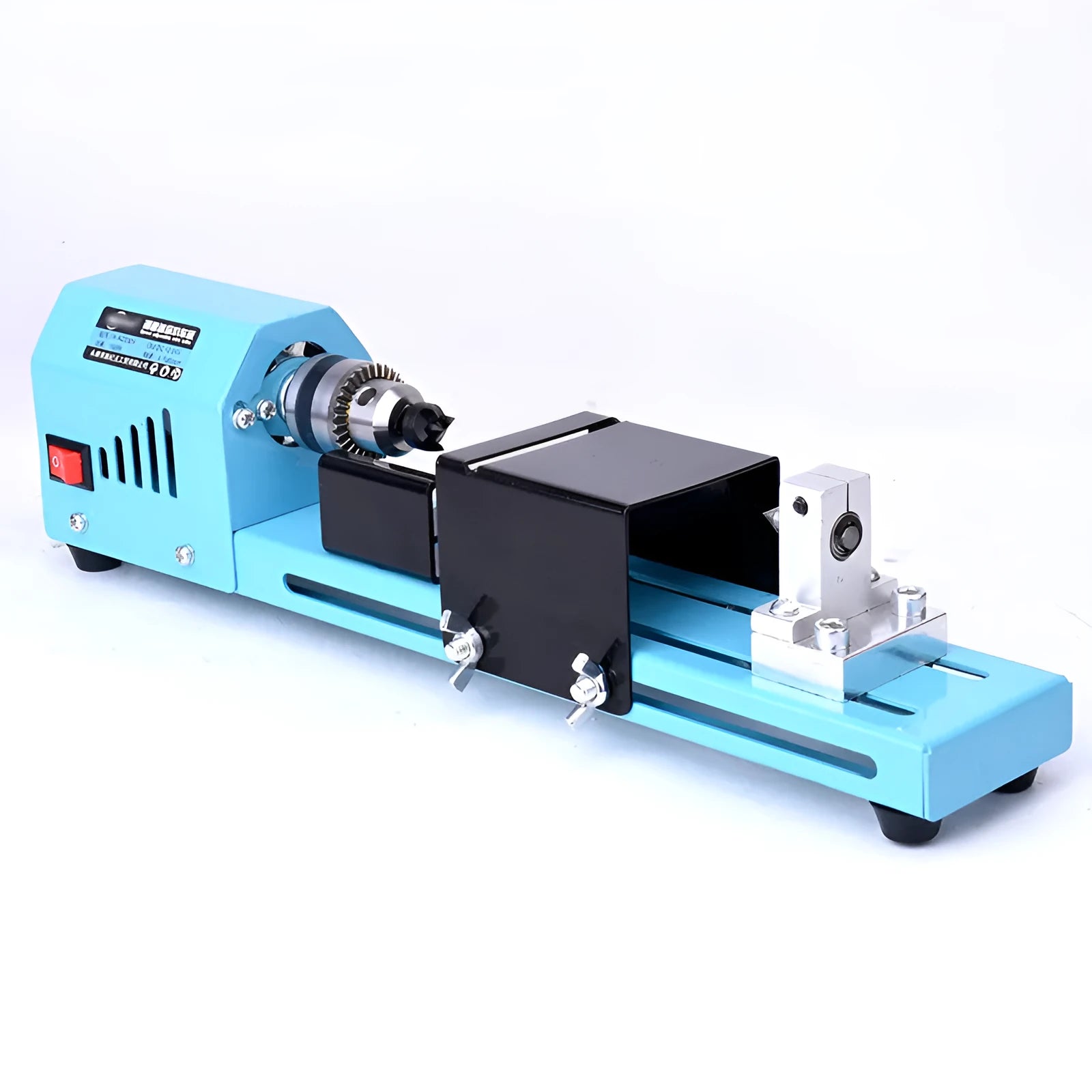 Blue mini DIY woodworking lathe with protective cover on desktop, 150W motor, steel chuck, and accessories