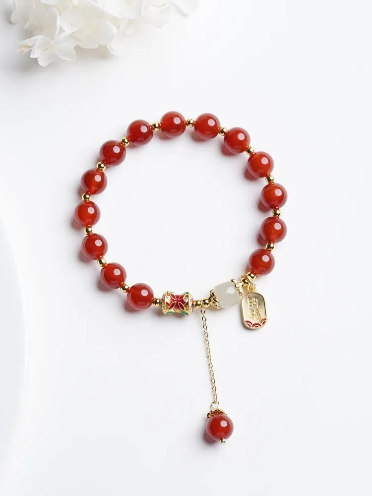Women's red agate and Hetian jade beads bracelet with natural crystal semi-precious stones and gold plating