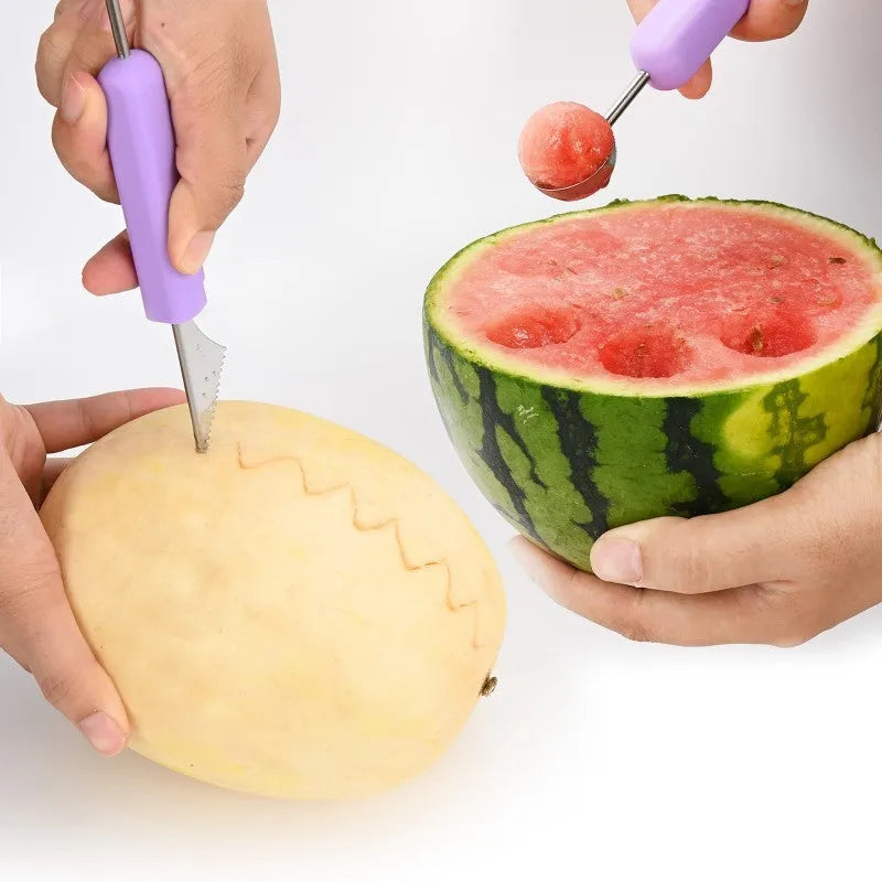 3-in-1 fruit carving knife set with melon baller, V-shaped carver, and scoop nested together on a kitchen counter