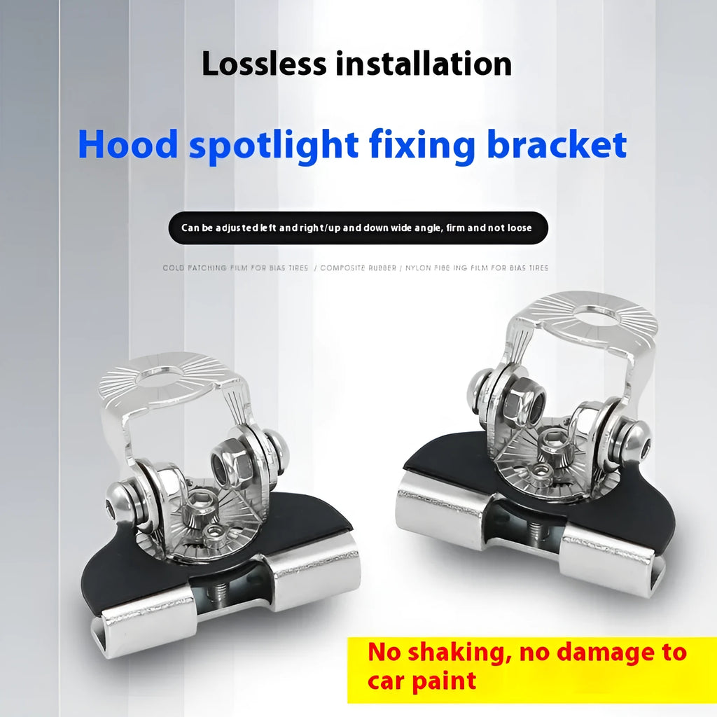 Black stainless steel car hood universal bracket clip holding an LED tube under vehicle bonnet edge
