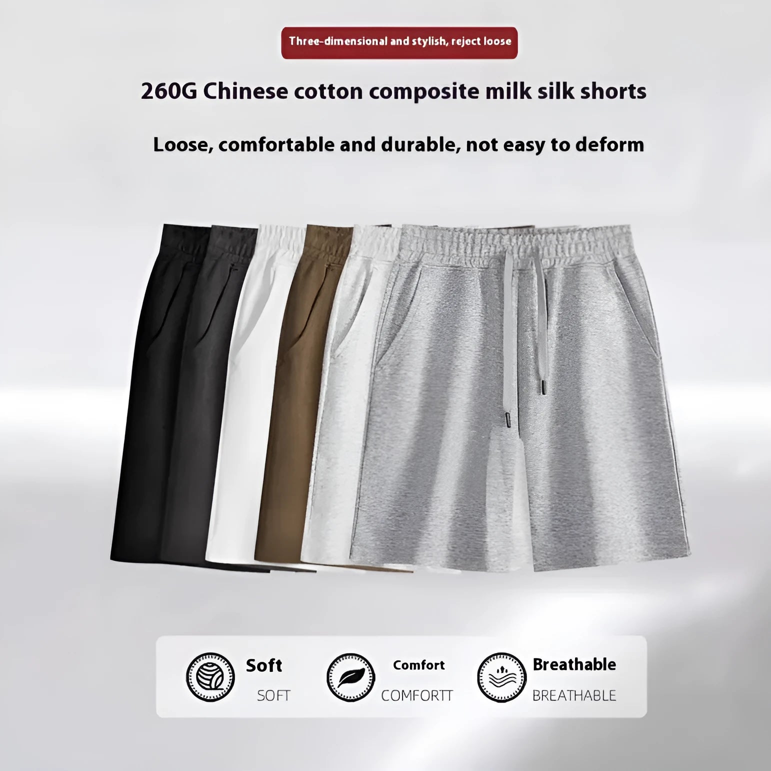 Men's straight-leg cotton summer shorts in light grey, shown on a hanger.