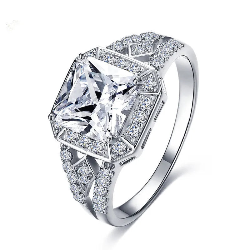 Women's geometric zircon ring with hollow design and platinum colour finish