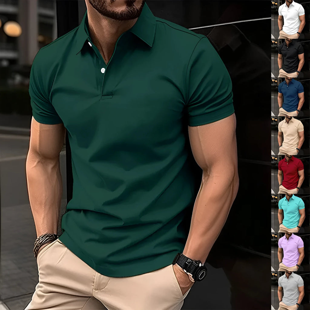 Men's solid colour cotton mix short sleeve polo shirt with button lapel in light green.