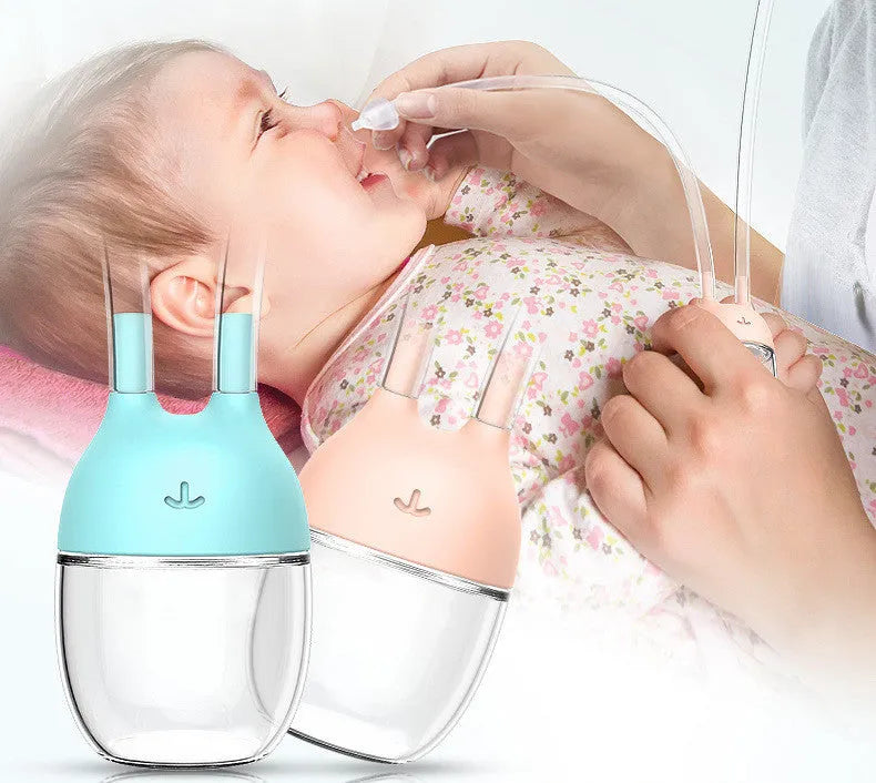 Mouth suction baby nasal aspirator with silicone soft tip and transparent storage tank in pink or light blue
