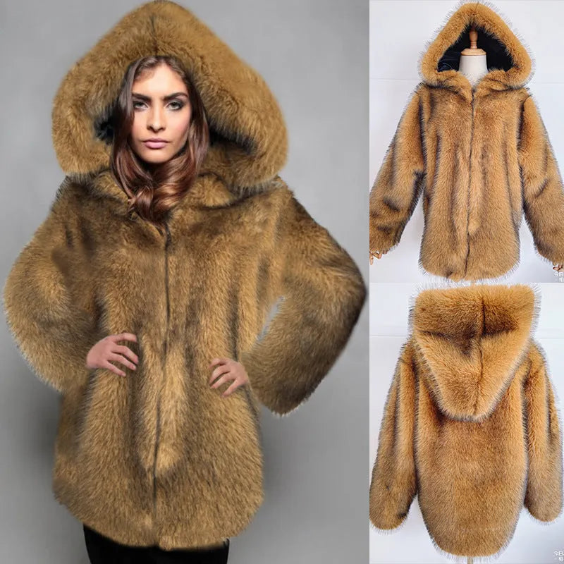 A silver grey loose-fitting mid-length artificial fur coat for women on a hanger.