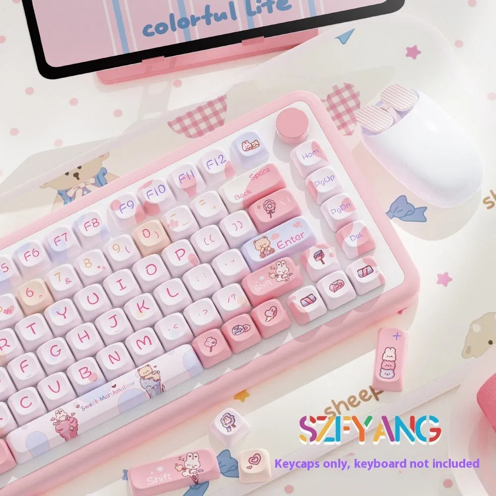 Sweet Cotton Candy pastel coloured mechanical keyboard keycaps displayed in sets of 112 and 120 keys