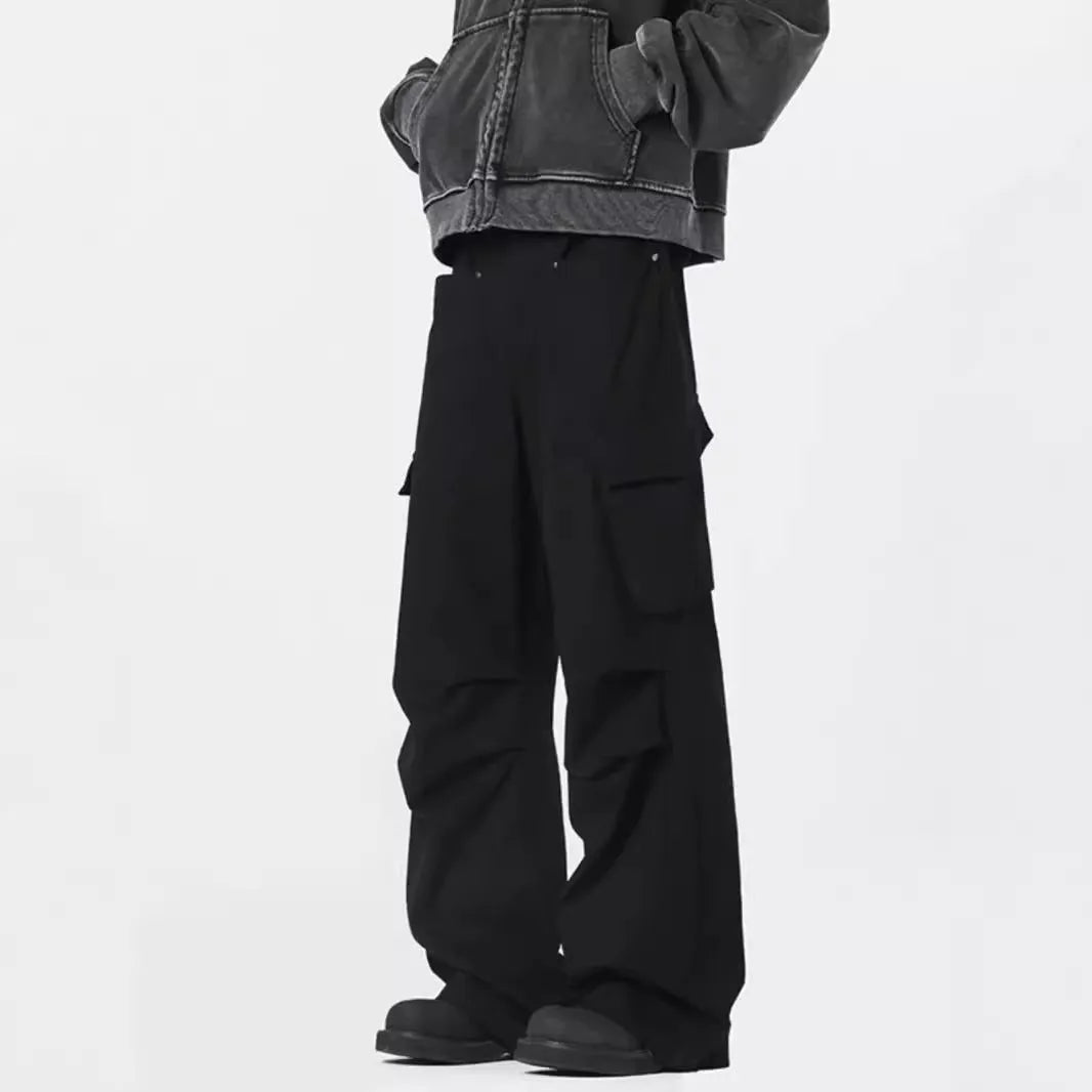 Men's straight casual trousers in black with high waist and cardigan button opening detail