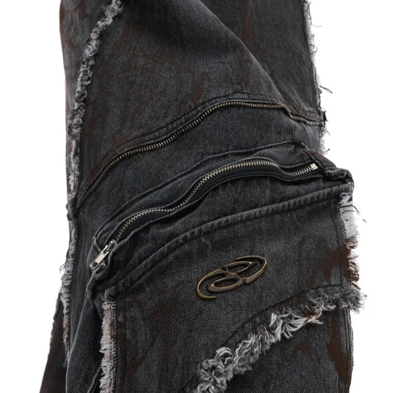 Loose fit distressed denim coat with splash-dye gradient pattern and matching black trousers