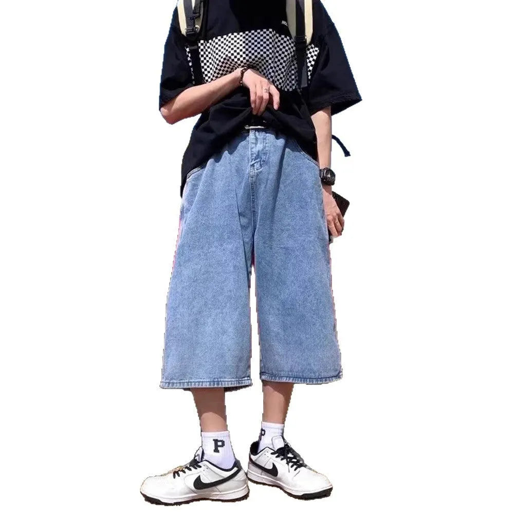 Blue men's washed denim pirate shorts with high waist and cropped length