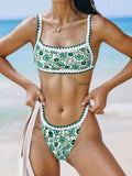 Solid colour polyester bikini set with high elasticity and a backless briefs style.