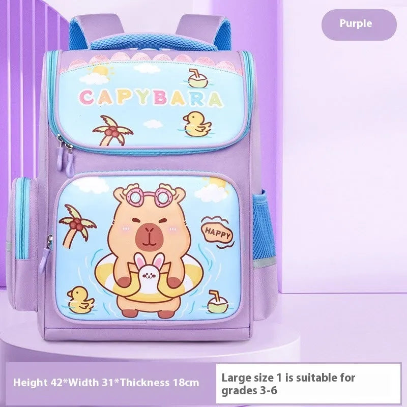 Capabala large capacity primary school bag with cartoon print, waterproof fabric, and air pillow belt in brown, blue, pink, or purple